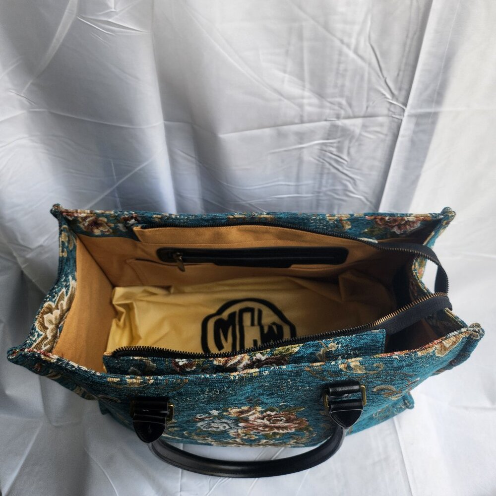 MCW Carpet Bag - Carpet Tote Bag - Laptop Work Tote - Shoulder Bag - Floral Teal - Picture 3 of 4